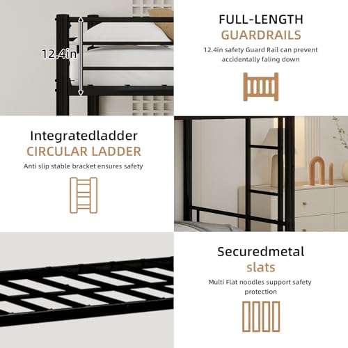 IHUESHO Triple Bunk Bed with Trundle, 400lb Heavy Duty Metal Twin Over Twin Bunkbed, 13.19" Extra High Guardrail, 3-in-1 Convertible to 3 Separate Beds, Kids Teens Adults, No Box Spring (Black) IHUESHO