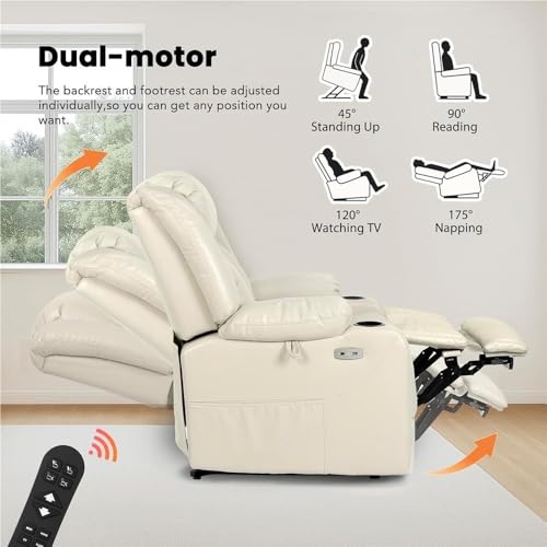Dual Motor Oversized Power Lift Recliner Chair for Elderly Heavy Duty Faux Leather Lay Flat Massage Heated Big and Tall Reclining Seat with Cup Holders Cream White Adjustable Lounge Sofa Comfortable UOPYNE