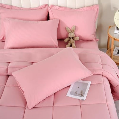 DOWNCOOL Full Size Comforter Sets, 7Pcs Full Size Bedding Sets Pink, All Season Down Alternative Bedding Comforter Sets with Comforter, Flat Sheet, Fitted Sheet, 2 Pillow Shams & 2 Pillowcases