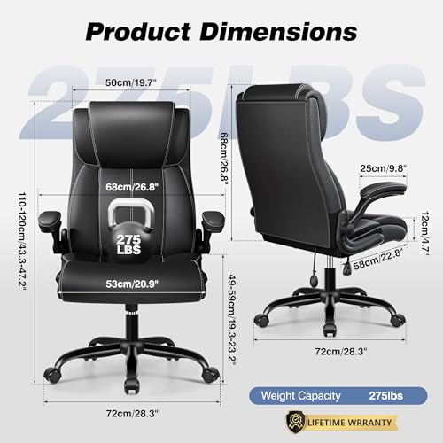 BESTFAIR Ergonomic Office Chair - Desk Computer Chair, Leather High Back Executive Chairs with Adjustable Lumbar Support & Flip Up Arms, Rocking, Black BESTFAIR