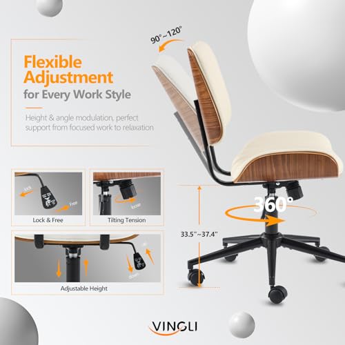 VINGLI Wide Curved Seat&Back Armless Home Office Chair,Ergoromic Adjustable-Height Desk Chair,Swivel&Tilting Function,Stylish Walnut Task Chair for Meeing Room,Dining Room,PU,Khaki VINGLI