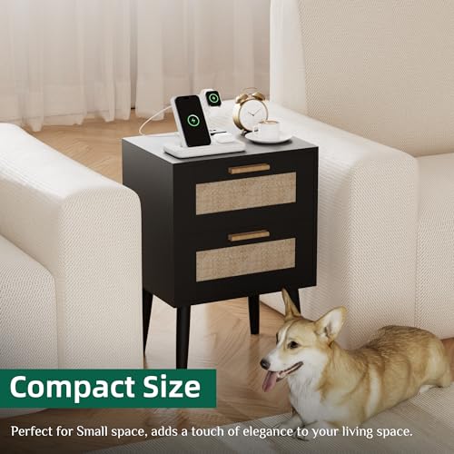Ltysh Nightstand with Charging Station,2 Set Rattan Night Stand with Solid Wood Legs, Bedside Table with USB Ports & Outlets Bed Side Table,End Table for Bedroom,Living Room(Black-Set 2) Ltysh