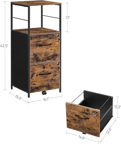 VASAGLE Cabinet for Home Office, with Lock and 2 Drawers, A4 and Letter Sized Files, Printer Stand, 15.8 x 16.1 x 42.5 Inches, Rustic Brown + Black VASAGLE