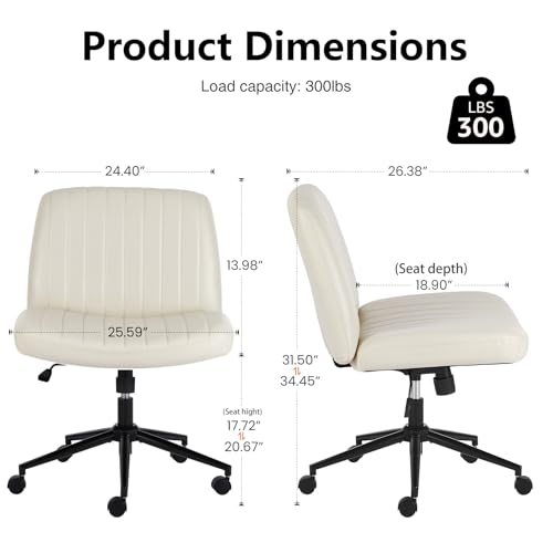 DUMOS Criss Cross Chair with Wheels, Wide Cross Legged Office Desk Vanity Chairs, Faux Leather Armless Adjustable Swivel Chairs for Home Computer Task, Beige DUMOS