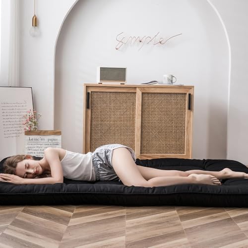 MAXYOYO Japanese Floor Mattress Futon Mattress, 4" Thicken Tatami Mat Sleeping Pad Foldable Roll Up Mat Boys Girls Dormitory Pad Kids Floor Lounger Pillow Bed, Black, Queen MAXYOYO