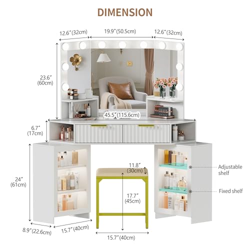 SKKTKT Vanity Desk with Charging Station & LED Lights Mirror – Corner Design HD Triple Mirror Makeup Vanity Table Set with Storage Drawers & Chair for Living Room/Bedroom Ideal Gift (White) SKKTKT