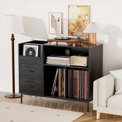 BIZOEIRON Record Player Stand with Flip-Top & Drawers, Vinyl Storage Cabinet with Outlet, Wood Media Console Table for Vinyl Records Storage, Assembly Required, Black BIZOEIRON