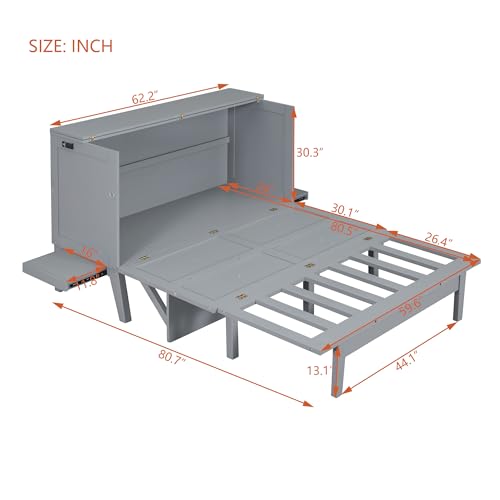Ball & Cast Murphy Bed Chest Queen Size,Cabinet Hideaway Bed with USB Port and Removable Shelves on Each Side,Wood Wall can be Folded,Platform Bedframe for Kids Bedroom,Student Dorms,Gray Ball & Cast