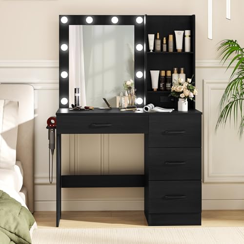 GOFLAME Makeup Vanity Desk with Lights, Modern Dressing Table with Charging Station, Hair Dryer Holder, 4 Large Drawers & 3-Tier Hutch, 3-Color Lights Adjustable, Black Vanity Table for Bedroom GOFLAME