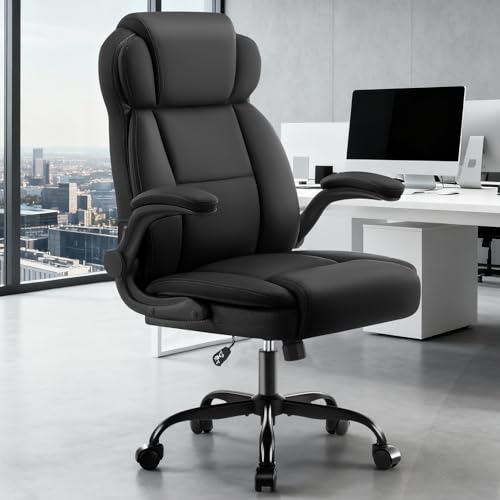 AreShark Ergonomic Office Chair with High Back Headrest, PU Leather Executive Desk Chair - Padded Flip-Up Armrests, Lumbar Support, Swivel Computer Chair for Home Office & Gaming, Black AreShark