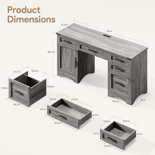Decofy Farmhouse Executive Desk with Drawers, 55" Home Office Desks with Fast Charging Station, Lockable File Cabinet, Wood Writing Computer Desk for Work, Study, Grey Decofy