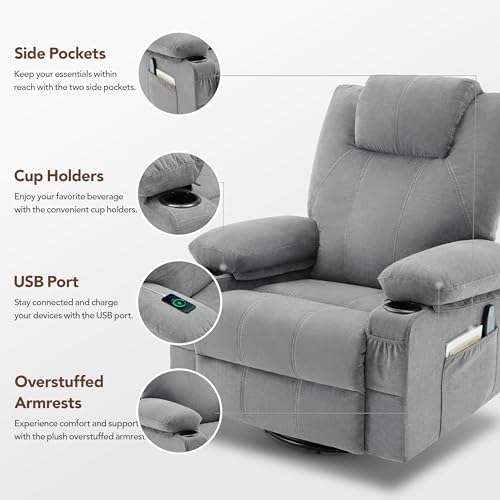 Weture Swivel Rocker Recliner Chair with Heat and Massage, Big Oversized Rocking Single Sofa for Living Room, 360 Degree Swivel Recliner Chair with Cup Holders and USB Port (Fabric, Grey) Weture