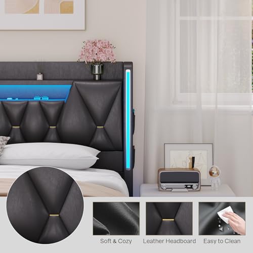 Dnxao King Size Floating Bed Frame with Storage Headboard, Tall 44" Upholstered Platform Bed with Charging Station, Dual-Zone LED Lights, No Box Spring Needed, PU Black Dnxao
