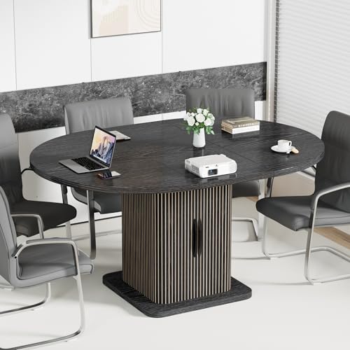 Extendable Black Round Conference Table for 4-8 People, 43in-59in Modern Oval Meeting Room Table with Storage, Fluted Wood Slide Doors, Small Compact, Office, Training, Conference Room Jluomei