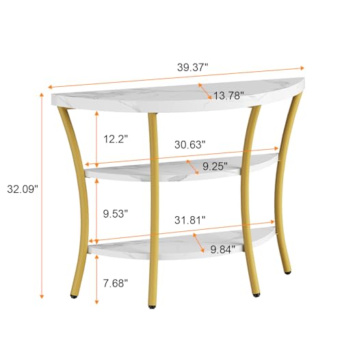 39.4" Console Table with Half Moon Wood Shelves, 3 Tier Modern Entryway Table with Curved Metal Frames, Narrow Sofa Couch Table for Hallway, Entrance, Living Room, Foyer, White Marble & Gold knoworld