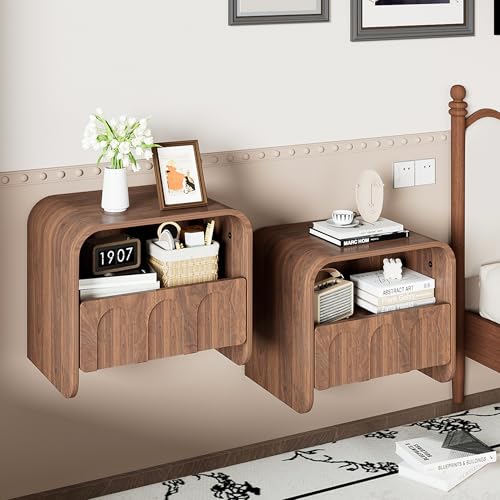 Floating Nightstand Set of 2, Small Night Stand with Drawer and Open Storage Shelf, Modern Wall Mounted Bedside Table, Farmhouse Wooden Nightstands for Bedroom, Living Room Jimmhome
