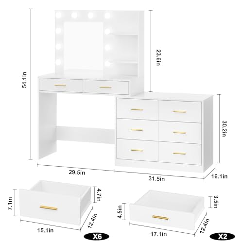 GarveeHome 61 in Make Up Vanity Desk with Mirror and Lights, White Vanity with 8 Wide Storage Drawers & 2 Tier Shelves, 3 Lighting Modes with Adjustable Brightness for Bedroom GarveeHome