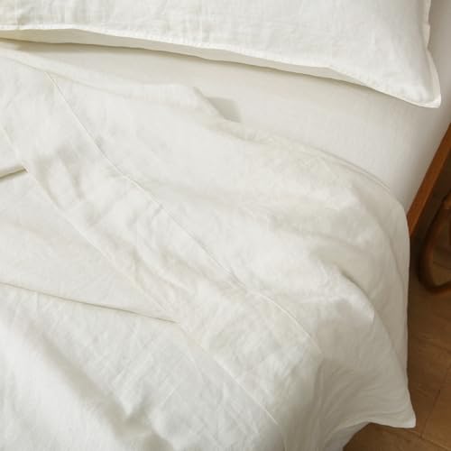 S VICTORY SYMBOL 100% Organic Linen Flat Sheet 1 Piece-Stone Washed French Flax Twin Size Bedding,Soft Flat Top Sheet Breathable(66"x96",Creamy White) S VICTORY SYMBOL