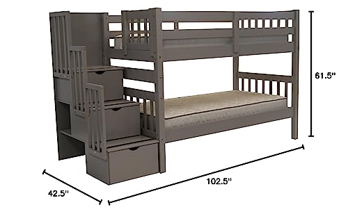 Bedz King Stairway Bunk Beds Twin over Twin with 3 Drawers in the Steps, Gray Bedz King