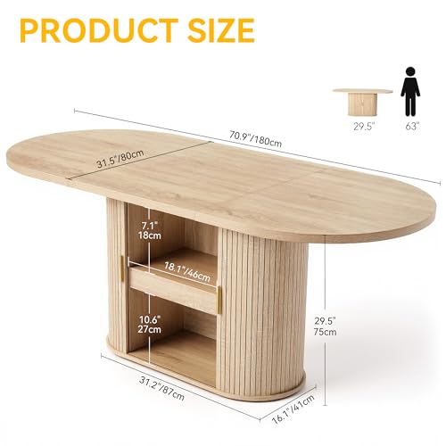 DWVO 70.9" Oval Dining Table for 6-8, Modern T-Shaped Kitchen Table with Storage Shelves & Pedestal Base, Multi-Purpose Dinner & Office Table, Light Oak DWVO