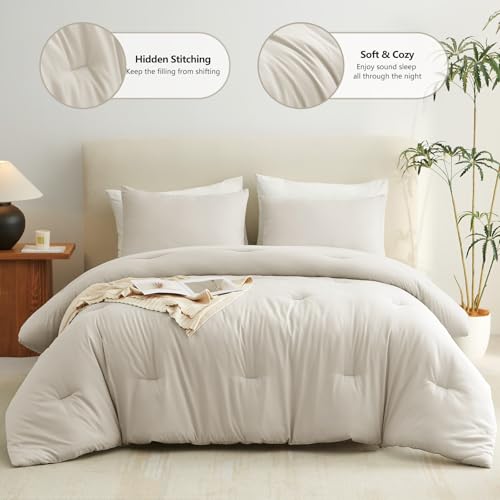CozyLux Beige Queen Comforter Set, 3 Pieces Boho Solid Breathable Quilted Style Bedding Sets, Luxury Fluffy Soft Bed Set with Down Alternative Comforter for All Season (1 Comforter & 2 Pillowcases) CozyLux