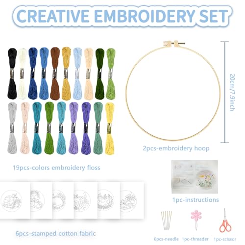 FREEBLOSS 6 Set Embroidery Kit Cat and Flower Stamped Embroidery Starter Kit with Step by Step Instructions, Colored Threads, 2 Hoops, Needlepoint Kits for Hand Craft Lovers Gift, 30cm/11.8inch