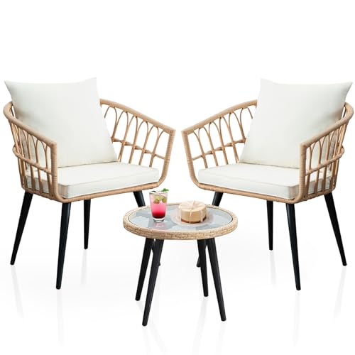 WenHaus 3 Piece Patio Bistro Sets, Outdoor Wicker Furniture Set, All-Weather Rattan Chairs Conversation Set with Cushions Round Table for Garden,Balcony,Backyard,Porch,Deck-Beige WenHaus