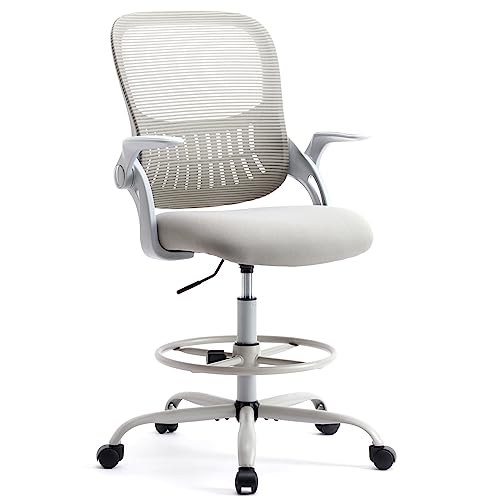 Smug Drafting Chair with Flip-up Arms, Height Adjustable Standing Tall Office Desk Chair with Foot Ring, Ergonomic Swivel Computer Chairs with Rolling Wheels, Grey SMUGDESK