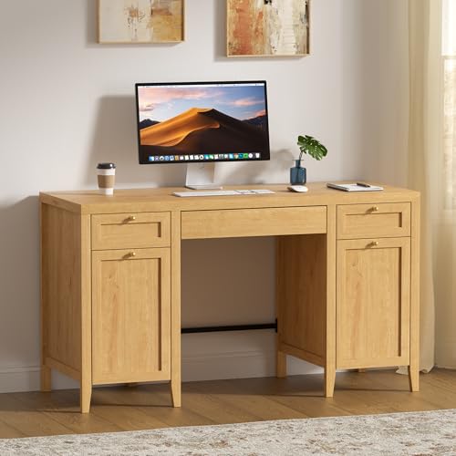 MoomJiee 52" Executive Desk with Storage Drawer, Farmhouse Home Office Desk with Storage Cabinet Wood Computer Writing Desk for Study Office, Natural Oak MoomJiee