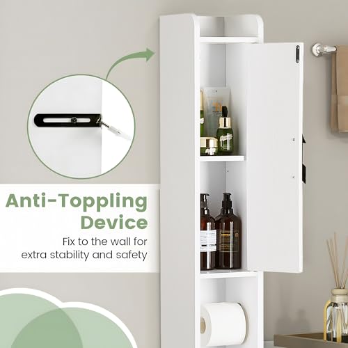 VECELO Bathroom Cabinet with Adjustable Shelf,Narrow Storage Cabinet for Small Space,Slim Cabinet 67in Tall with Metal Toilet Paper Rod Drawer,2 Magnetic Doors Farmhouse Style,Pearl White VECELO