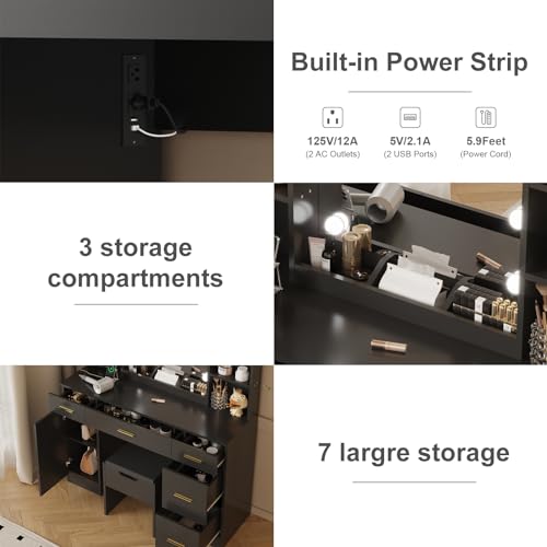 HobbyField 56’’ Makeup Vanity Desk with Mirror and LED Lights,Modern Dressing Table with Drawers & Adjustable Shelves, Makeup Table Set with Power Outlet,Cushioned Stool for Bedroom(Black) HobbyField