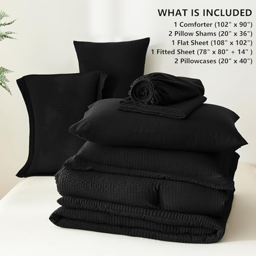 CozyLux King Size Comforter Set Black - 7 Pieces Striped Seersucker Bed in a Bag, Soft Lightweight Boho Bedding Set with All Season Comforters King Size, Sheets, Pillowcases & Shams CozyLux