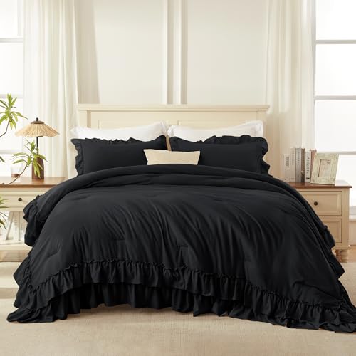 Andency Black King Comforter Set(104x90Inch), 3 Pieces Ruffle Comforter Set with 2 Pillowcases, Farmhouse Shabby Chic Lightweight Fluffy Soft Microfiber All Season Bed Set Andency