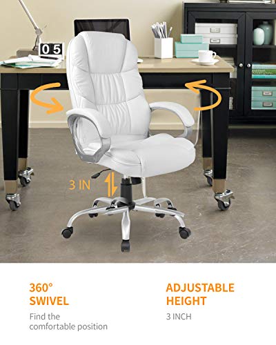 Office Chair Computer High Back Adjustable Ergonomic Desk Chair Executive PU Leather Swivel Task Chair with Armrests Lumbar Support (White) FDW