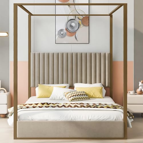 LUMISOL Queen Size Metal Canopy Bed Frame, Upholstered Four-Poster Platform Bed Frame with Headboard, Morden Low Profile Platform Beds, No Box Spring Needed, Beige