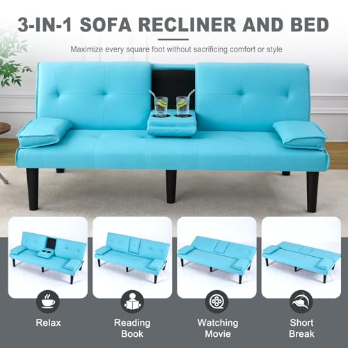 AnoYishev Futon Sofa Bed PU Leather Modern Convertible Futon Couch with Removable Armrests, Cup Holders, Loveseat Sleeper Sofa Bed for Living Room, Apartment, Small Spaces (Blue) AnoYishev