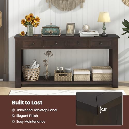 Giantex 63" Farmhouse Console Table with 4 Drawers, Modern Wood Entryway Table, Narrow Long Sofa Tables with Open Storage Shelf for Living Room, Hallway, Entrance, Foyer, Rustic Vintage, Espresso Giantex