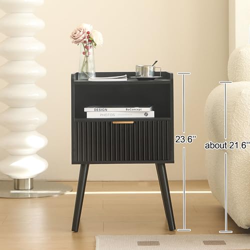 AWASEN Black Fluted Nightstand, Modern Bedside Table with Storage Drawers, Small Night Stand Bed Side Table with Solid Wood for Living Room, Bedroom, Office and Small Space (Black) AWASEN