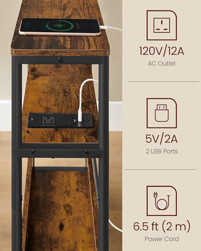 VASAGLE Side Table with Charging Station, Narrow End Table, 3-Tier Nightstand, Sofa Table for Small Spaces, Magazine Rack, for Living Room, Bedroom, Study, Rustic Brown and Ink Black ULET335K01 VASAGLE