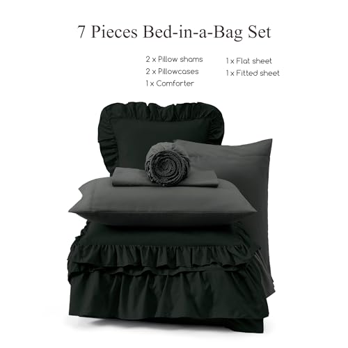 AMBERSPACE Queen Comforter Set Black, Ruffle Shabby Chic Bedding Set Farmhouse 7 Pieces, All Season Fluffy Bed in a Bag with Sheets, Pillowcases & Shams AMBERSPACE