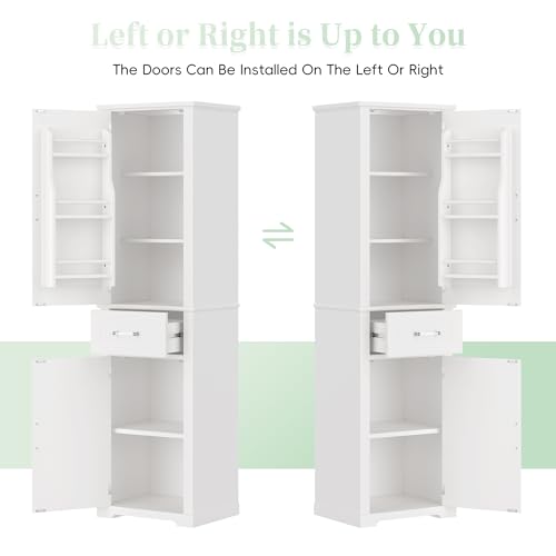 Pasirou 72" Tall Narrow Storage Cabinet with 2 Doors and One Drawer, Modern Freestanding Pantry Organizer with Adjustable Shelf and Door Shelves for Bathroom, Home Office, Kitchen, White Pasirou