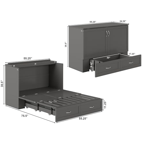 AFI Hamilton Full Murphy Bed Chest with Mattress, Storage, and Built-in Charger in Grey AFI