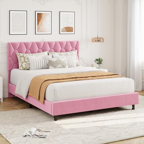 GAOMON Pink Full Bed Frame with Upholstered Headboard, Heavy-Duty Platform Bed Frame with Strong Wood Slats, No Box Spring Needed/Noise Free/Easy Assembly GAOMON