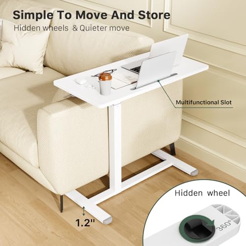 Gibbon Mounts Mobile Standing Desk, Pneumatic Adjustable Rolling Desk(31.5 Inches), Portable Laptop Desk with Wheels, Overbed Bedside Table Laptop Table for Couch, Home, Office, White Gibbon Mounts