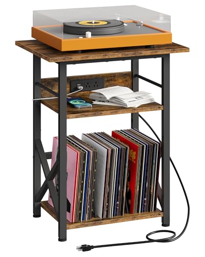 CHOEZON Record Player Stand with Power Outlet, Vinyl Record Storage Side Table, 19" Large Tabletop, Charging Station & Crossed Frame Design for Turntable, Rustic Brown and Black TBZ48UBF CHOEZON