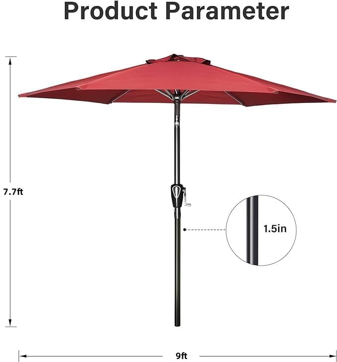 Simple Deluxe 9FT Outdoor Patio Umbrella Table Market Umbrella with Push Button Tilt and Crank and 50lbs Base Stand, for Garden, Lawn, Deck, Backyard, Pool, Red Simple Deluxe