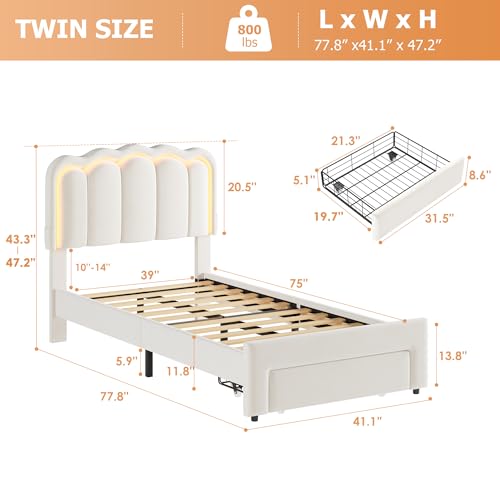 Twin Upholstered LED Bed Frame with Storage Drawer and Adjustable Chic Double Wavy Headboard, Velvet Princess Platform Bed for Kids/Girls, Solid Wood Slats Support, No Box Spring Needed, Beige Jocoevol