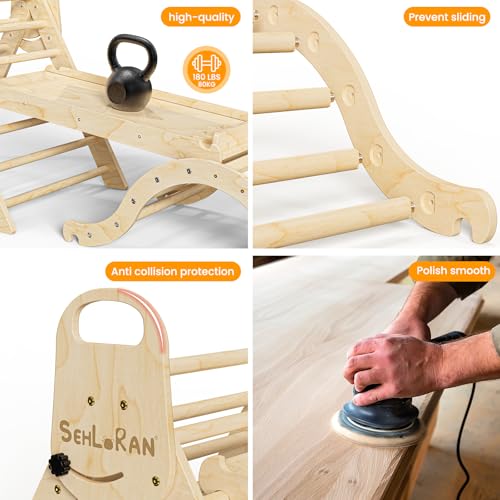 Sehloran Large Size 8 in 1 Pikler Triangle Set with Pinball Game and Tent for Kids, Foldable Toddler Climbing Toys Indoor, Natural Wooden Montessori Climbing Set Jungle Gym with Arch&Ramp&Ladder Sehloran