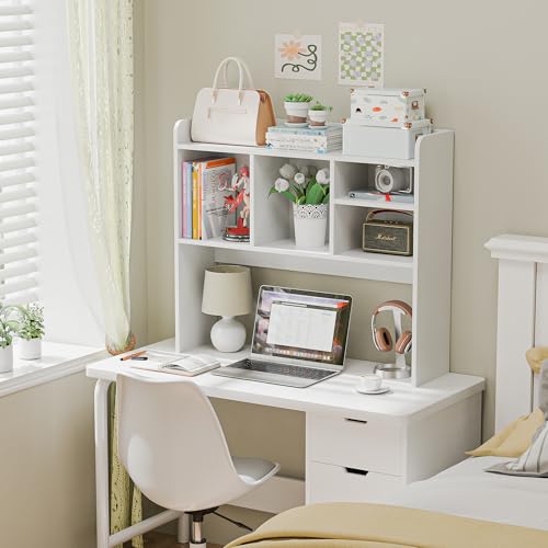 SUPER DEAL Desktop Bookshelf, Countertop Storage Hutch with 4 Shelves for Computer Desk, 2-Tier Display Rack, Multipurpose Wood Desk Hutch Storage Organizer for Home Office Dorm, White SUPER DEAL