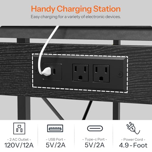 HOOBRO Computer Desk, Gaming Desk with LED and Outlets, Home Office Desk with Monitor Stand and Adjustable Shelf, Small Gaming Table with CPU Stand for Home Office, Small Space, Black BB100UDDN01 HOOBRO